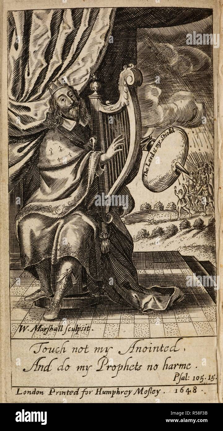 King Charles I, depicted as King David, playing a harp. Il Davide Perseguitato: David Persecuted: ... Done into English by R. Ashley. London, 1647. Source: E.1161.(2). Author: Malvezzi, Virgilio, Marquis. Stock Photo
