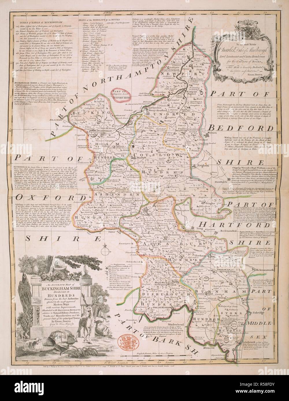 A map of Buckinghamshire. The Large English Atlas; or, a new set of maps of all the Counties in England and Wales ... By Emanuel Bowen and Thomas Kitchin. London : T. Bowles ... J. Bowles & Son ... J. Tinney ... & R. Sayer, [1760]. Source: Maps C.10.d.10, plate 6. Language: English. Stock Photo
