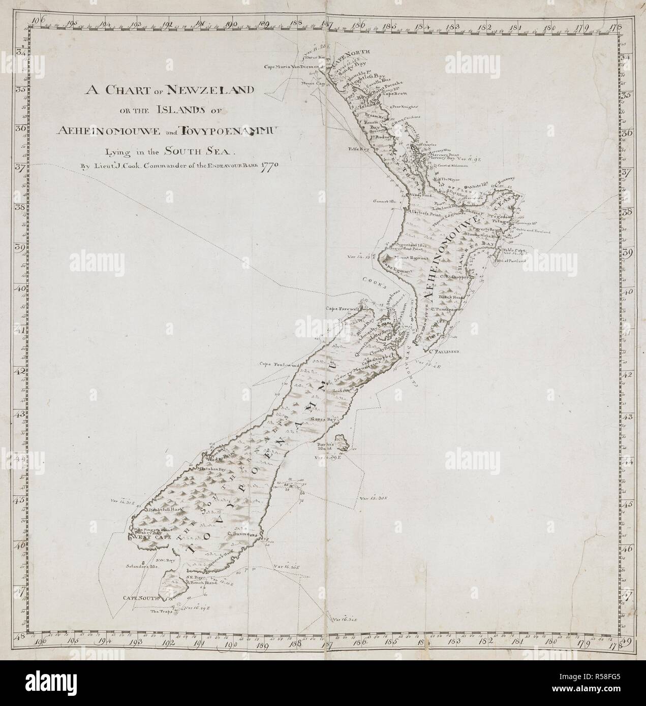 A general chart of New Zealand; drawn by Lieut. James Cook, shewing his track in 1769-1770. Charts, Plans, Views, and Drawings taken on board the Endeavour during Captain Cook's First Voyage, 1768-1771. 1769-1770. Ms. 1 f. 7 1/2 in. x 1 f. 7 1/2 in.; 50 x 50 cm. Source: Add. 7085, No.17. Language: English. Author: COOK, JAMES. PRAVAL, CHARLES. Stock Photo