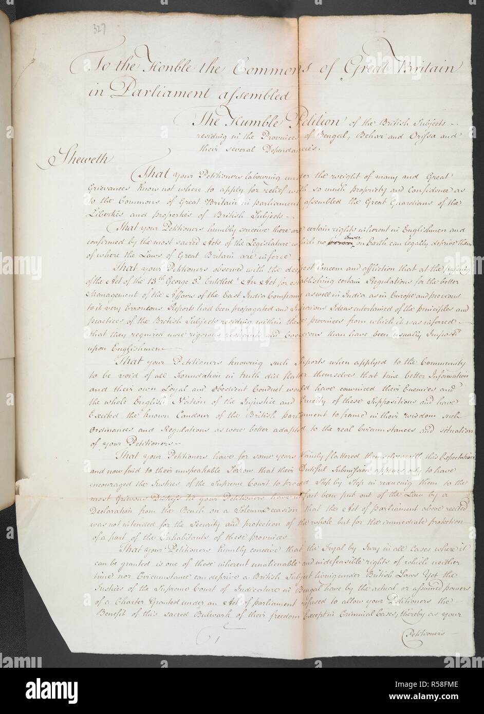Humble Petition of the British Subjects. In 1773 the British government established the Supreme Court of Judicature for Bengal. Controversially, the court limited the use of juries to criminal cases, while at the same time it effectively extended English law to Indians in the region by admitting their lawsuits. As this petition shows, the Supreme Court was resented by many British expatriates, who felt that it weakened their authority and undermined â€˜the Great Charter of British Libertiesâ€™. Ill-feeling reached its peak in the 1779 civil trial of James Creassy, Superintendent of Public Work Stock Photo