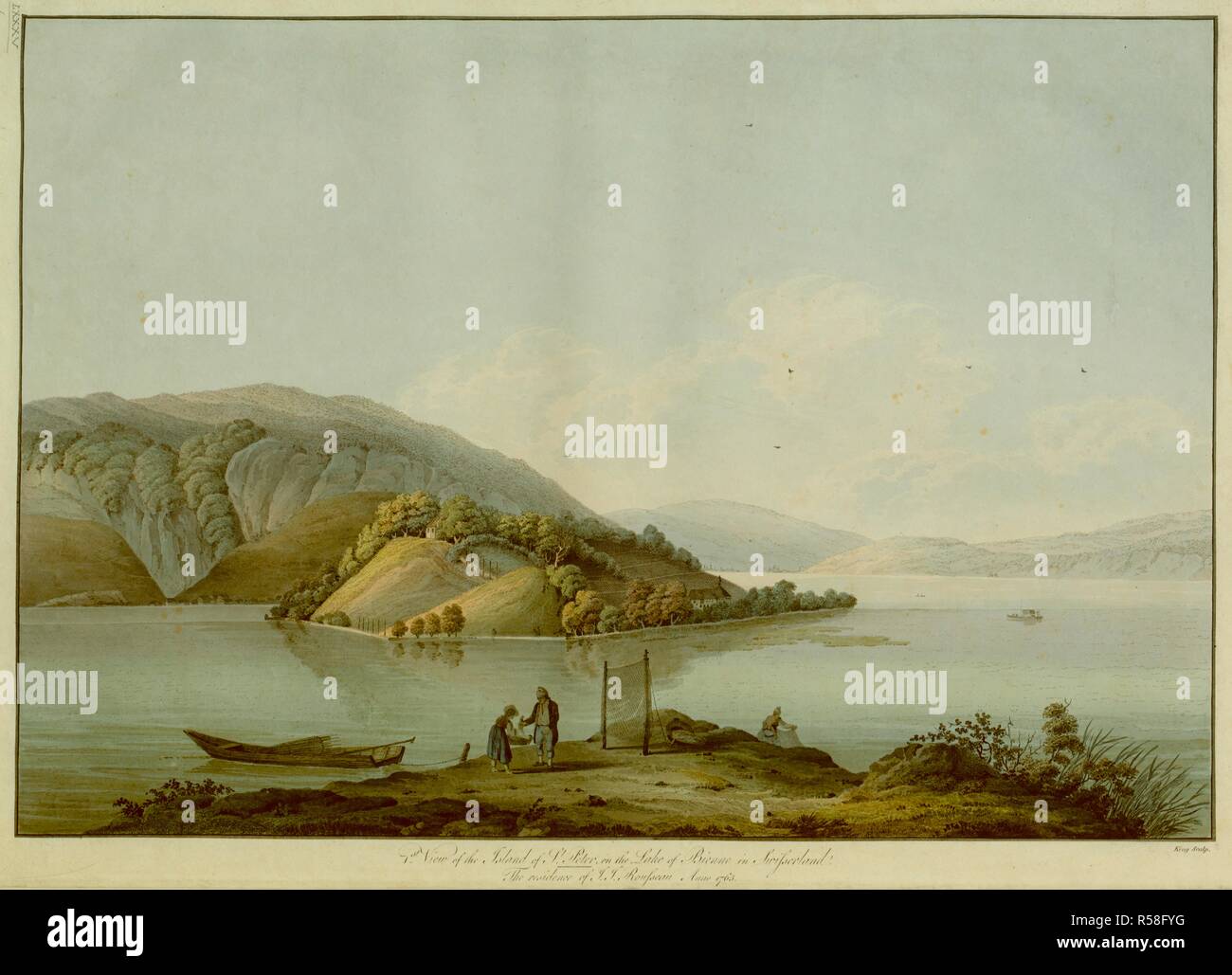 A woman collects fish from two fishermen checking their nets on the shore of Lake Biel in the foreground, with view of St. Peter's Island in the background. 1st View of the Island of St. Peter, on the Lake of Bienne in Swisserland : The residence of J. J. Rousseau Anno 1765. [London?] : [Thomas Gowland?], [about 1793]. Hand-coloured etching. Source: Maps K.Top.85.69.a. Language: English. Stock Photo