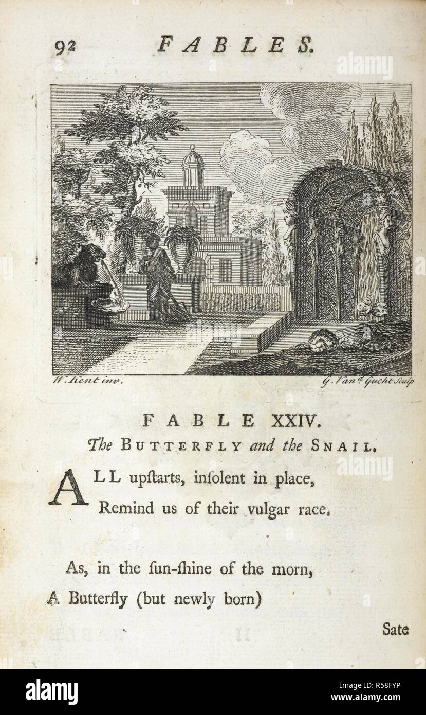 Fable XXIV. The butterfly and the snail. Fables ... The third edition. J. & R. Tonson; J. Watts : London, 1746. Source: 1164.h.33 page 92. Author: GAY, JOHN. Stock Photo