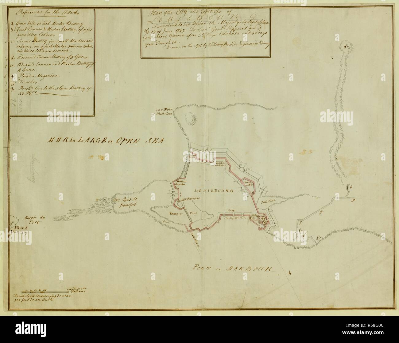 A plan of the City and Fortress of Louisbourg. Plan of the City and Fortress of LOUISBOURG Surrendered to his Britanick Majesty by Capitulation the 17 June 1745. to Lieut. Genl. Pepperel and Commodore Warren after 55 Days Blockade and 42 days open Trenches. [Louisbourg] : JÂ°n. Henry Bastide Engineer in Ordinary, [1745.]. Source: Maps K.Top.119.92. Language: English. Stock Photo