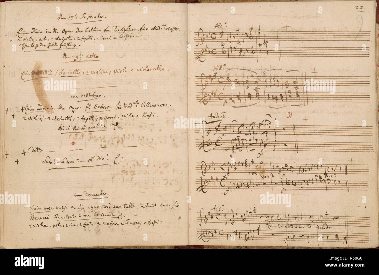 Mozart's Thematic Catalogue. VerzeichnÃ¼ss aller meiner Werke. 1784-1791.  {Whole opening] Pages for 17 September to December 1789 with Mozart's  autograph thematic catalogue of his works, with dates and description on  the left