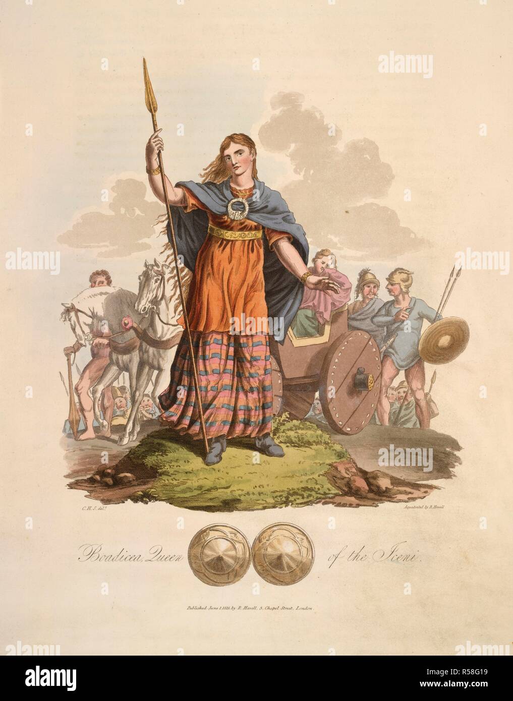 Boadicea Queen of the Iceni. The Costume of the original inhabitants of the Bri. R. Havell: London, 1815. Boudicca, d.61 A.D. British warrior queen. She wears a pais woven chequerwise of many colours. Over this a Gwn. On her shoulders a cloak fastened by a fibula. At the bottom of plate is represented a pair of bronze breats plates, discovered near Polden Hill, Somersetshire.  Image taken from The Costume of the original inhabitants of the British Islands from the earliest periods to the sixth century, to which is added that of theGothic nations on the Western Coasts of the Baltic, the ancesto Stock Photo