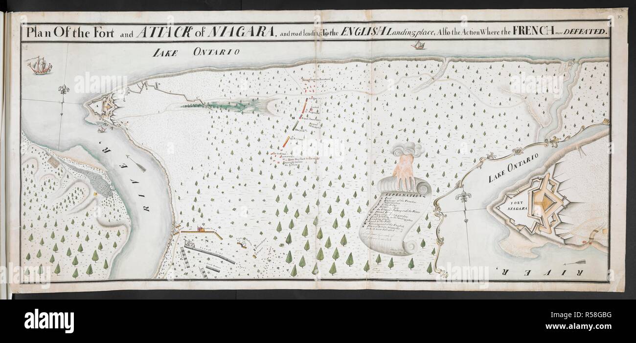 Plan of the fort and attack of Niagara . . . by Qr Mr Jones of the 46th'; circa 1760.    . R.U.S.I. MAPS. Vol. LXXIII (1-13). 18th century. Circa 1760 . 1:7200. 'Scale of 100 fathoms to an inch'. 395 x 890mm. Source: Add. 57708 f.10 Amherst no. A 50. R.U.S.I. no. A 30.53A. Stock Photo