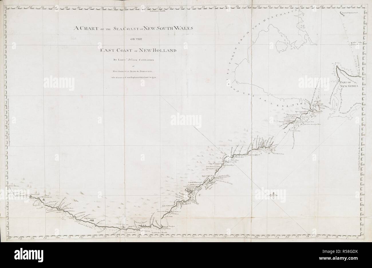 A chart of the sea coast of New South Wales, on the east coast of New Holland; drawn by Lieut. James Cook, who discovered and explored this coast in 1770. Charts, Plans, Views, and Drawings taken on board the Endeavour during Captain Cook's First Voyage, 1768-1771. 1770. Ms. 3 f. x 1 f. 11 in.; 91 x 58 cm. Source: Add. 7085, No.34. Language: English. Author: COOK, JAMES. PRAVAL, CHARLES. Stock Photo