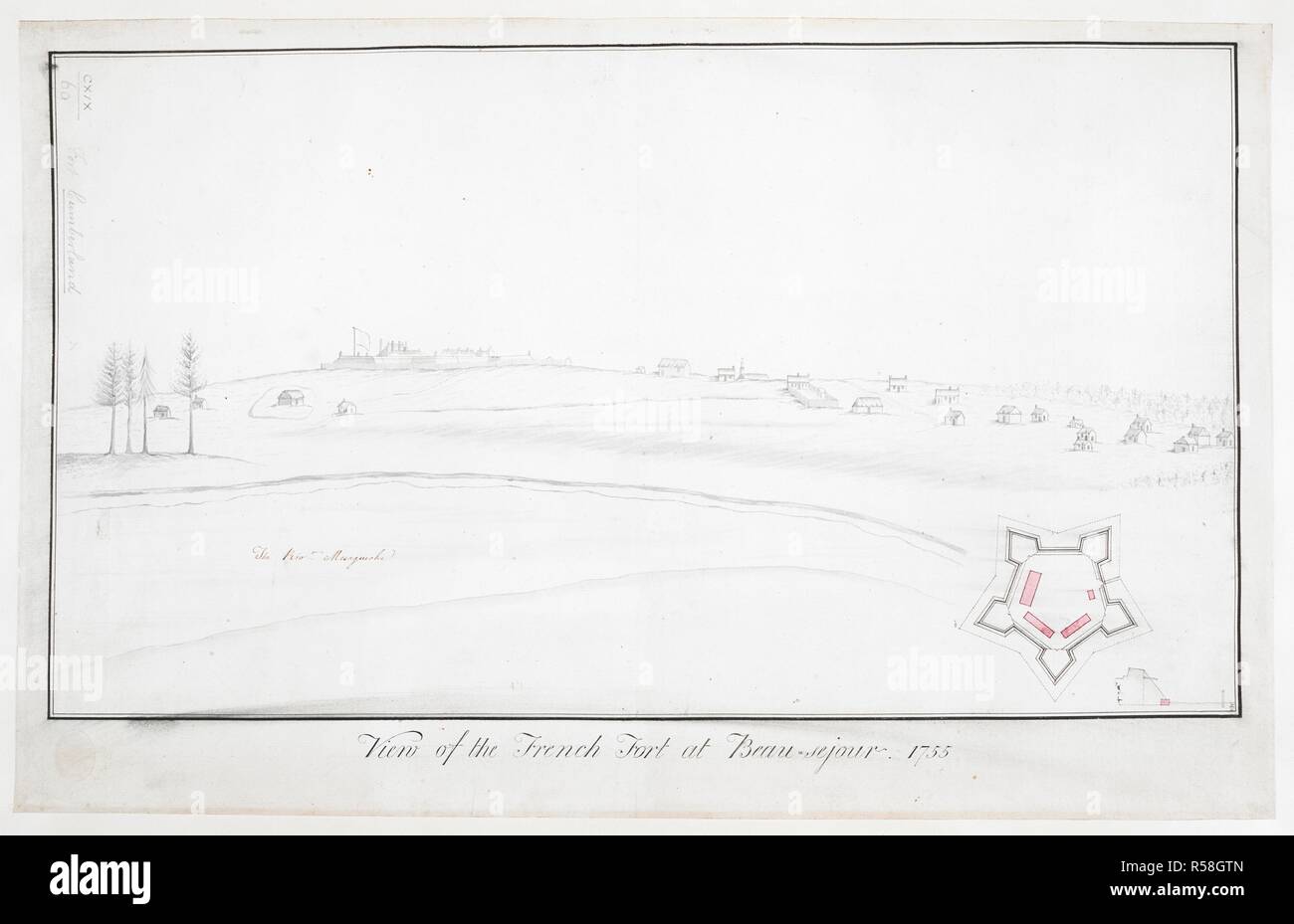 A view of Fort BeausÃ©jour from the Missaguash River; buildings to the right; trees on the left; a plan of the fort in the lower right-hand corner. View of the French Fort at Beau=sejour. 1755. Source: Maps K.Top.119.69. Language: English. Stock Photo