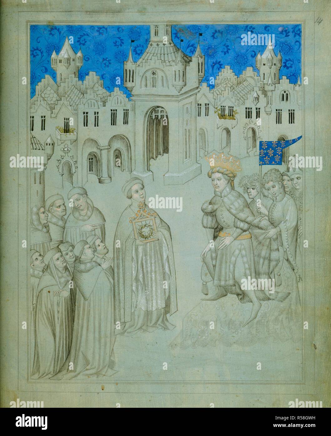 Louis IX and the Crown of Thorns. Picture book of Sir John Mandeville's Travels. Bohemia; circa 1410. [Whole folio] Clergymen bring the Crown of Thorns in a tablet-shaped crystal reliquary to King Louis IX in Paris.The king is wearing an elaborate crown and costume, with fur coat gathered at the neck.There is a detailed architectural background, with entrance gate and fortified towers  Image taken from Picture book of Sir John Mandeville's Travels.  Originally published/produced in Bohemia; circa 1410. . Source: Add. 24189, f.14. Author: MANDEVILLE, SIR JOHN. Master of the Mandeville Travels. Stock Photo