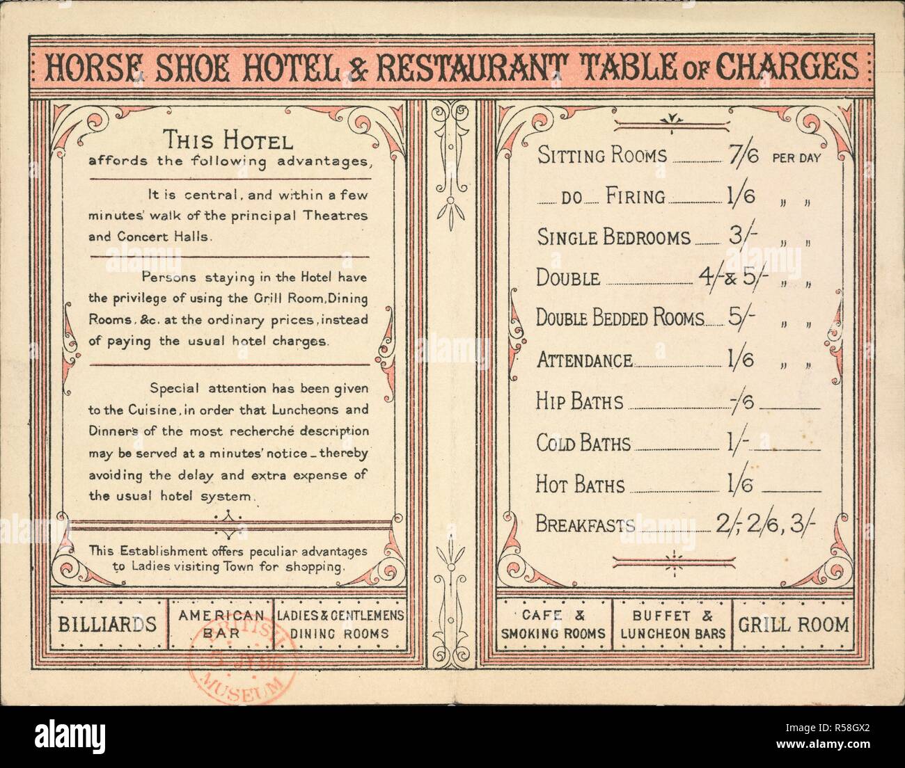 Horse Shoe Hotel and Restaurant. Tottenham Court Road, London, W.C. Contains the Horse Shoe Hotel & Restaurant table of charges, on the inner leaves, and a specimen menu and name of the proprietor, Charles Best, on the final leaf. Advertisement. A collection of pamphlets, handbills, and miscellaneous printed matter relating to Victorian entertainment and everyday life. [London], [1886]. Source: EVAN.5425,. Language: English. Author: Evanion, Henry. Stock Photo