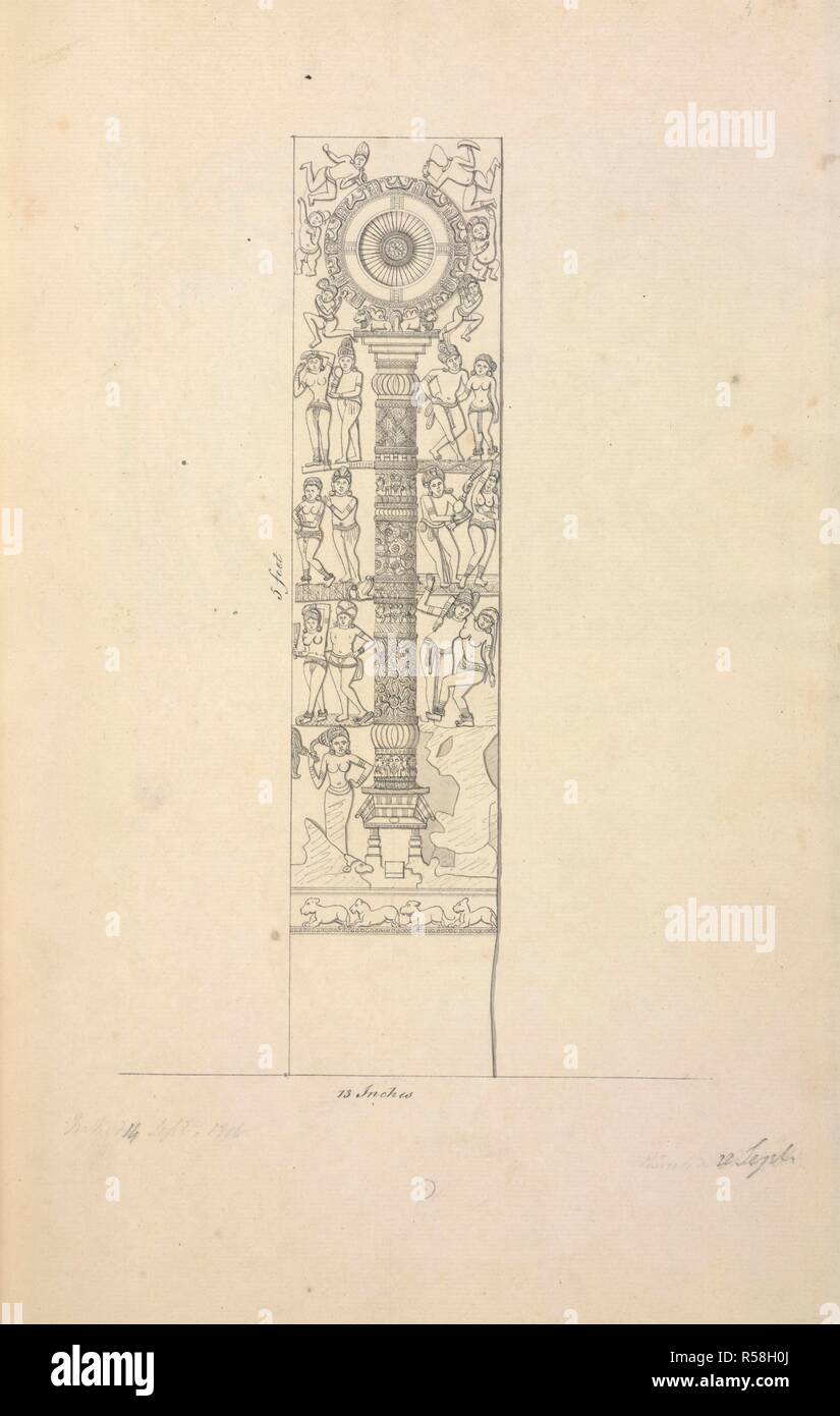 A tall rectangular stele showing a column with a wheel on top. 85 sheets of drawings of the site and sculptures at Amaravati and two notes. 1816 - 1819. Source: WD 1061, f.14. Language: English. Author: ANON. Stock Photo