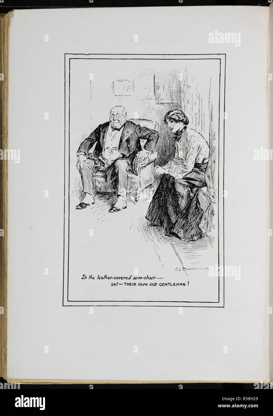 'In the leather-covered arm-chair - their old gentleman !'. The Railway Children With drawings by C E Brock. London : Wells Gardner & Co., 1906. Source: 12813.y.7 page 285. Language: English. Author: Brock, Charles Edmund. Nesbit, afterwards Bland, Edith. Stock Photo