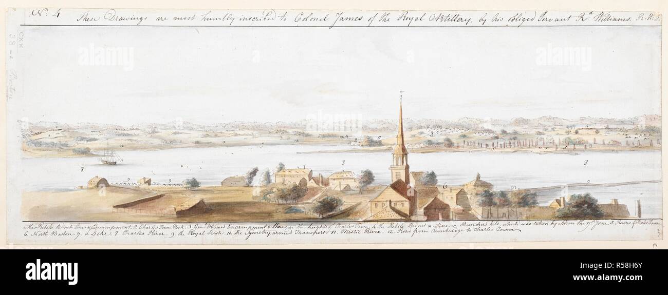 A view from Boston looking north, with the Royal Irish camp, the steeple of Old North Church (Christ Church) and rooftops of North Boston in the foreground, and HMS Symmetry sailing on Charles River beyond. Rebel redoubts, enemy lines and camps, Charlestown, Bunker Hill, General Howe's camp and the Mystic River seen across the river in the background. View of the country round Boston taken from Beacon hill. 1775. Source: Maps K.Top.120.38.e. Language: English. Stock Photo