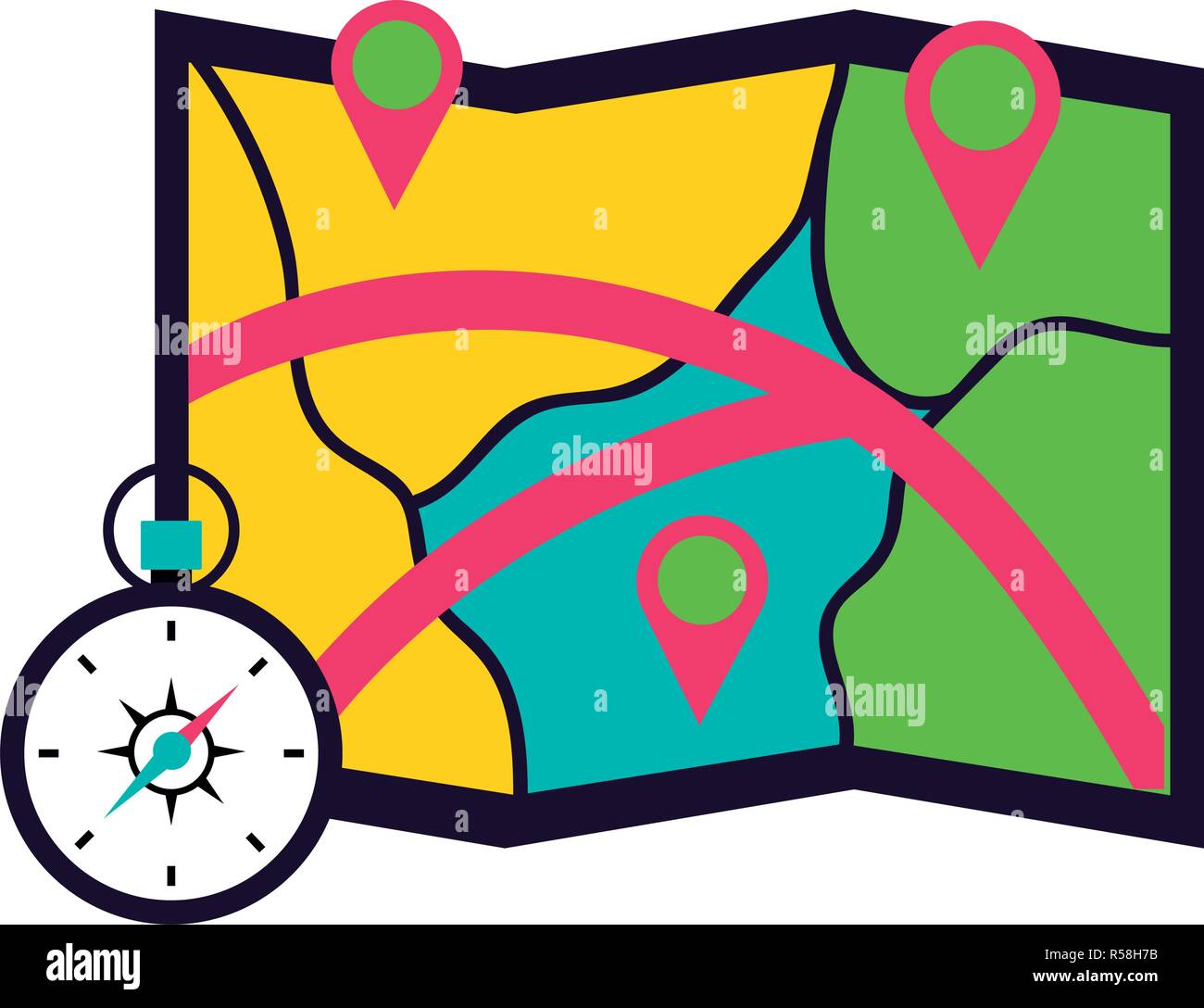 map location and compass camping summer vector illustration Stock ...