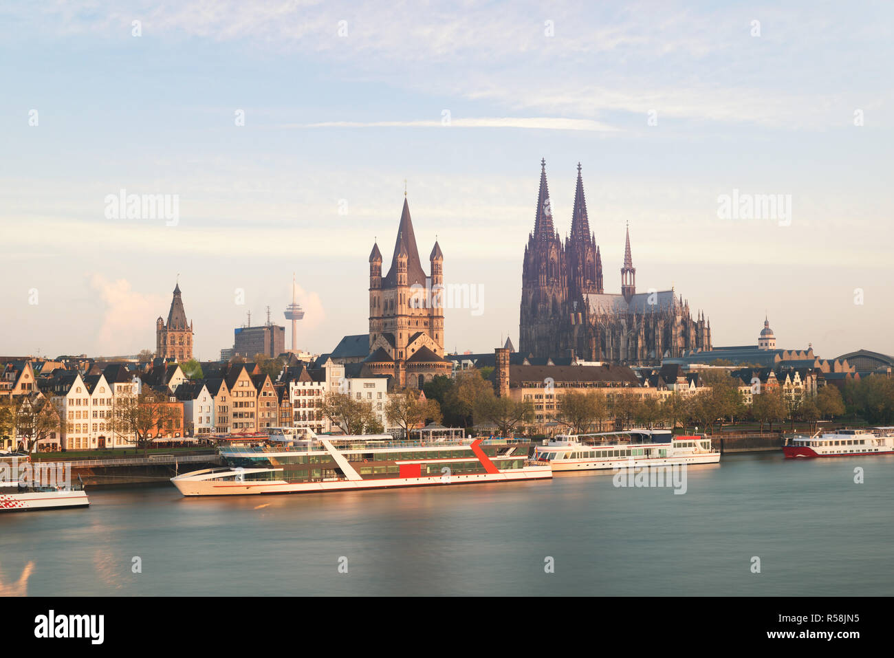 Aerial view Cologne over the Rhine River with cruise ship in morning at Cologne, Germany. Stock Photo
