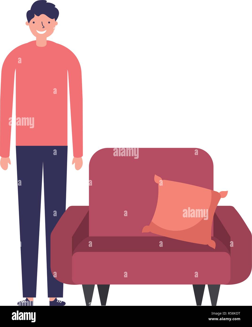Man Standing Near Sofa With Cushion Vector Illustration Stock