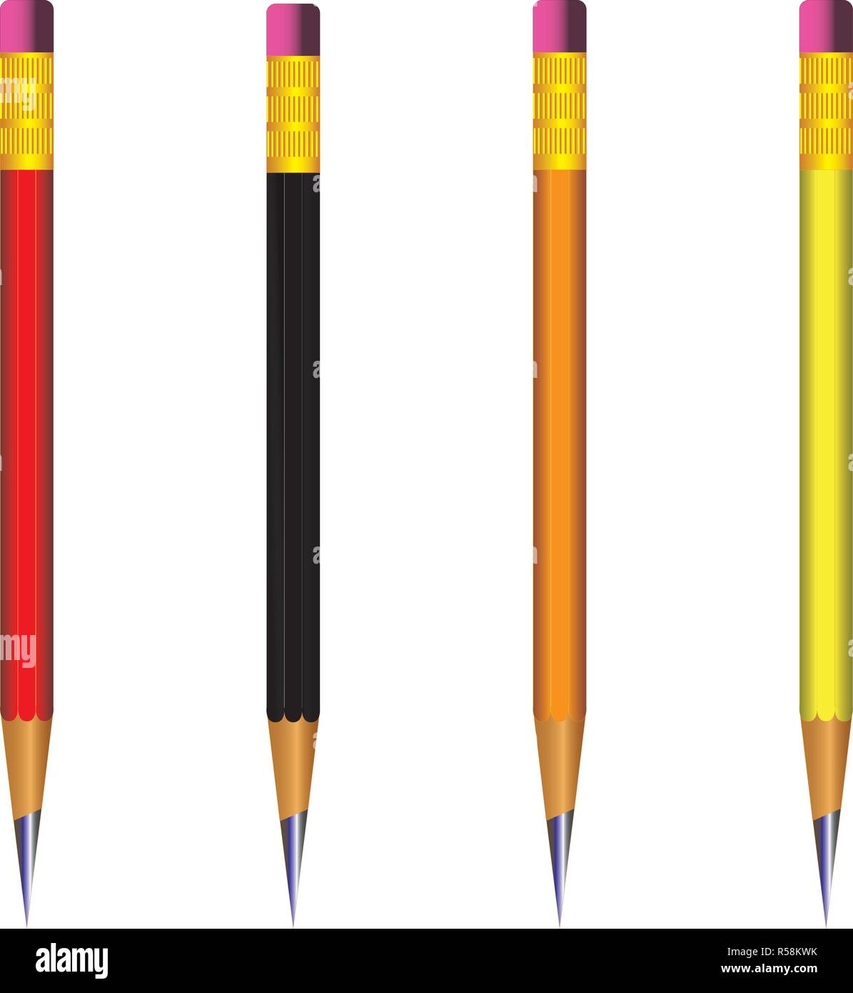 Vector of lead sharp pencil with eraser on white background with realistic 3D wooden four pencils with eraser on white background.Vector illustration Stock Vector