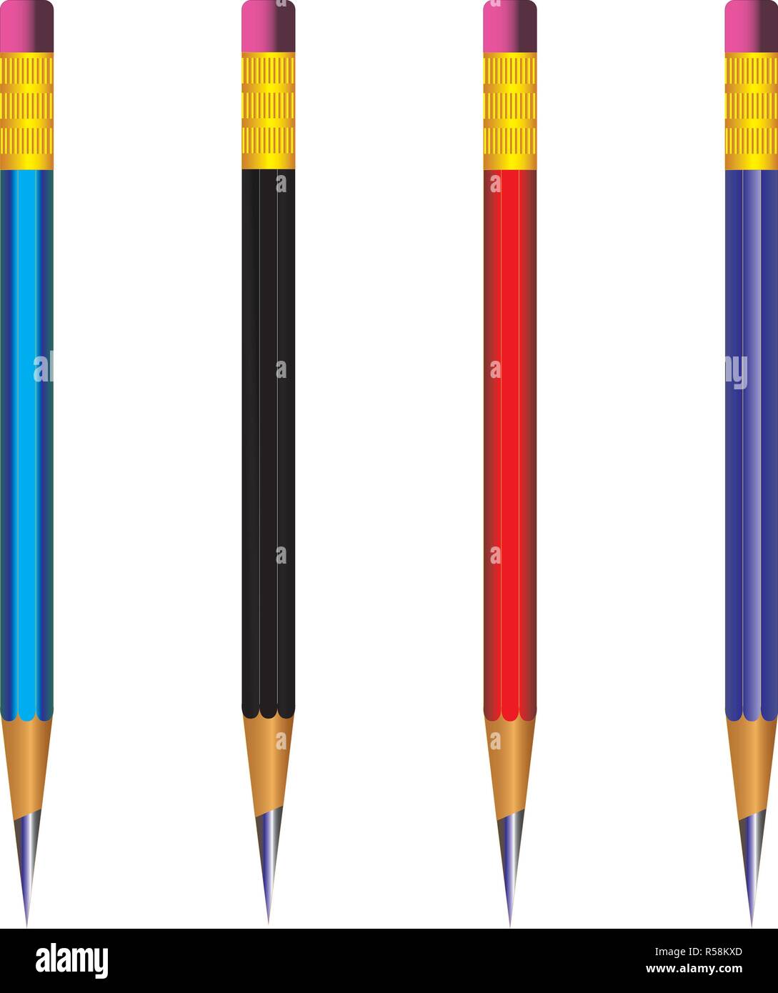 Vector of lead sharp pencil with eraser on white background with realistic 3D wooden four pencils with eraser on white background.Vector illustration Stock Vector