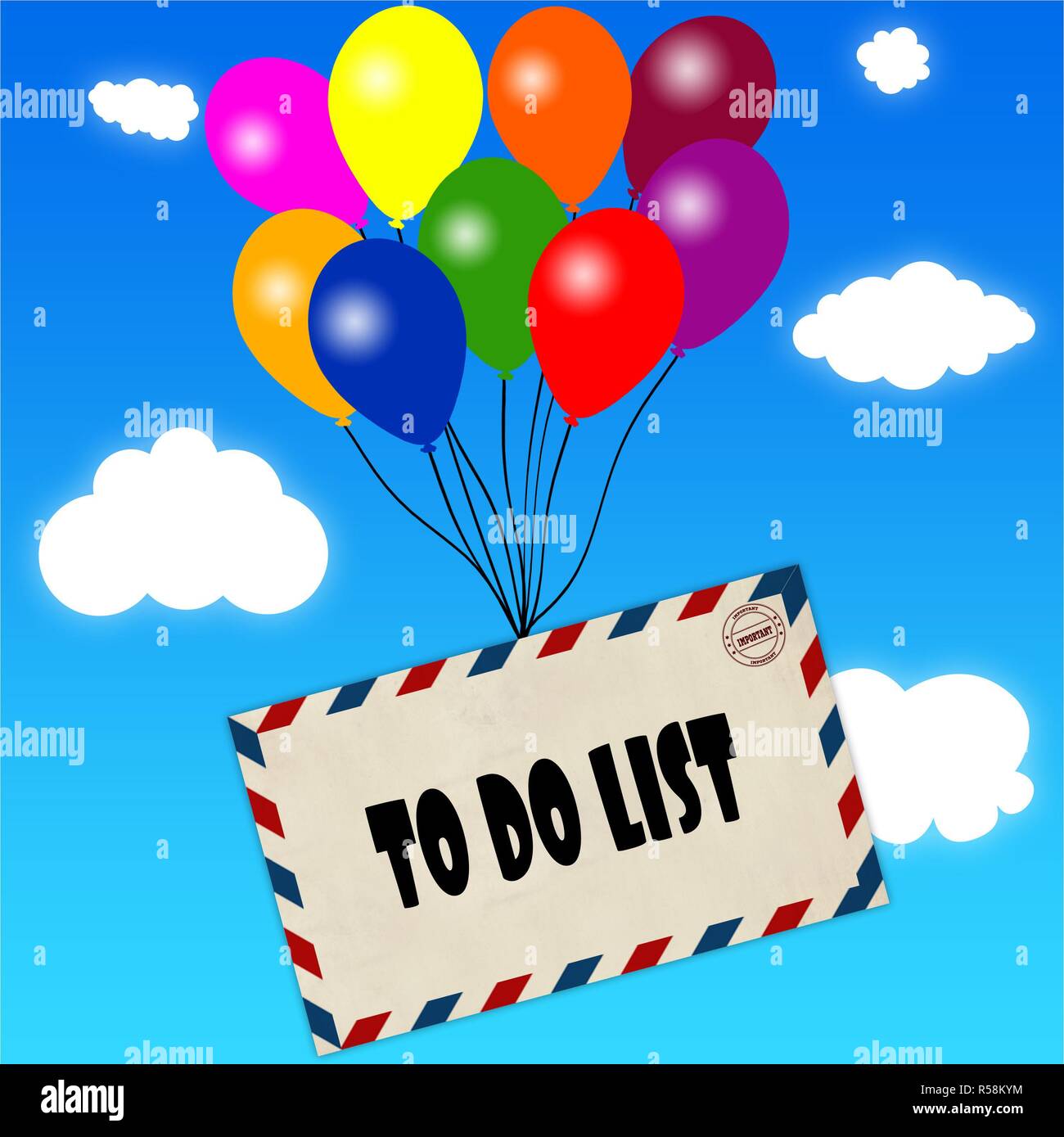Envelope with TO DO LIST message attached to multicoloured balloons on blue sky and clouds background. Stock Photo