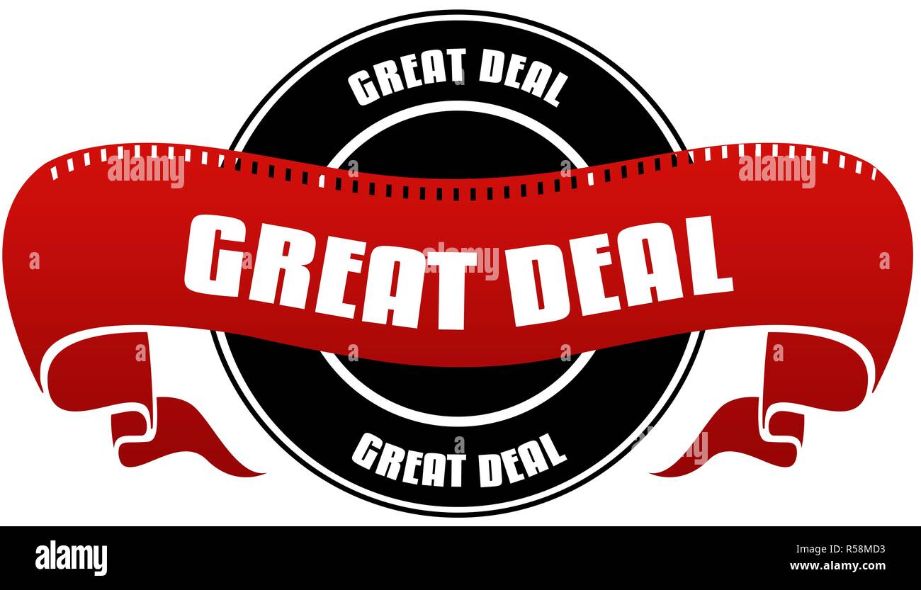 Black and red GREAT DEAL badge and ribbon. Stock Photo
