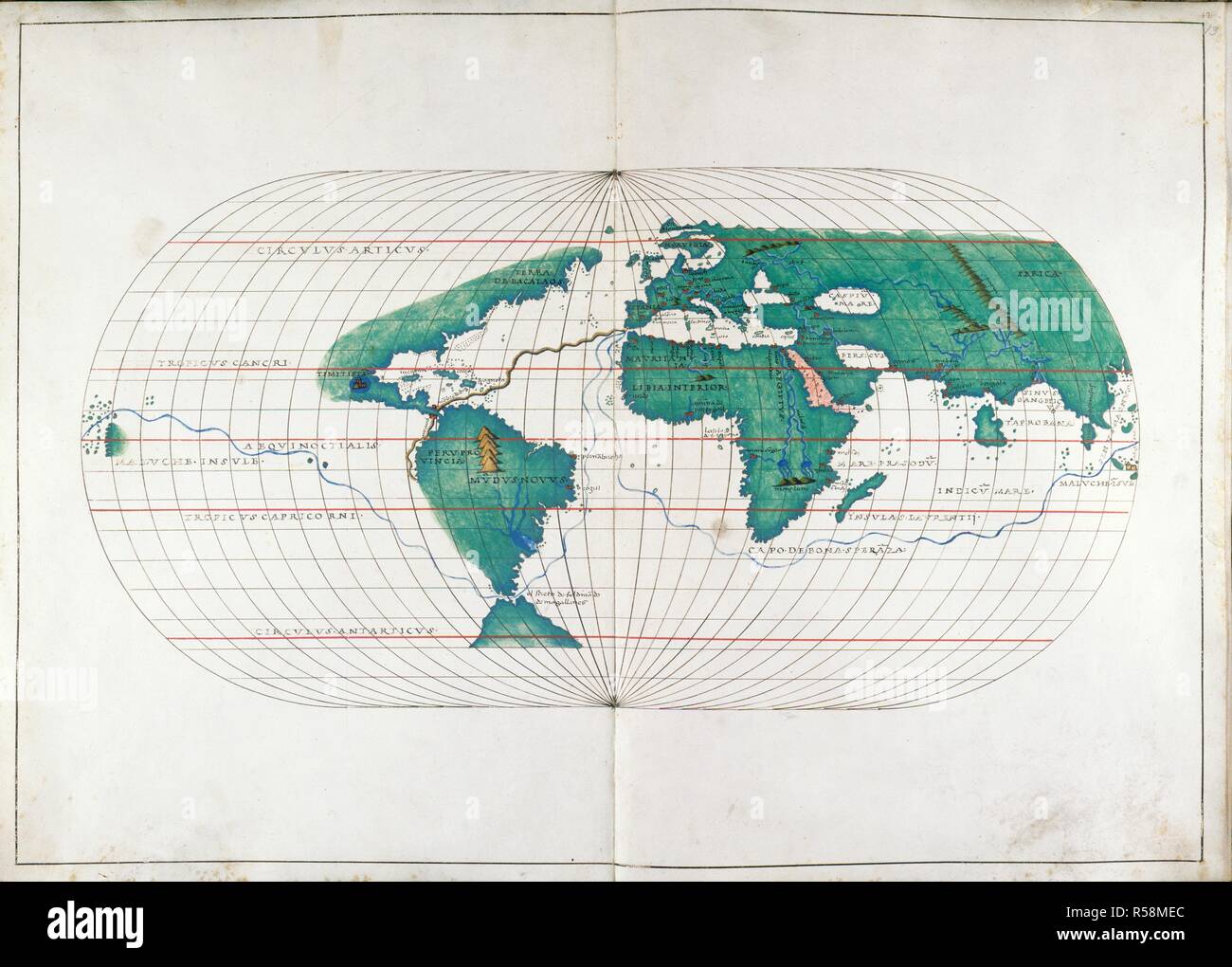 World Map. Portolan Atlas. Italy [Venice]; 1536. [Whole map] Map of the world showing the route of Magellan's circumnavigation and route from Polosi to Seville [1519-1522]  Image taken from Portolan Atlas.  Originally published/produced in Italy [Venice]; 1536. . Source: Add. 19927, ff.12v-13. Language: Latin. Stock Photo