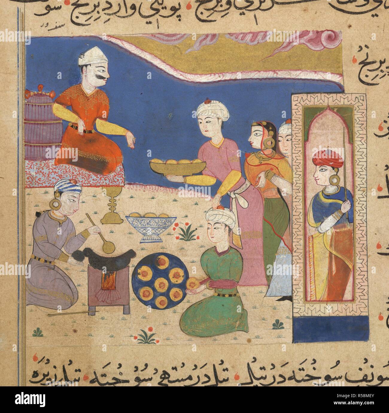 Preparation of wada. The Ni'matnama-i Nasir al-Din Shah. A manuscript o. 1495 - 1505. Preparation of wada for the Sultan Ghiyath al-Din. Opaque watercolour. Sultanate style.  Image taken from The Ni'matnama-i Nasir al-Din Shah. A manuscript on Indian cookery and the preparation of sweetmeats, spices etc.  Originally published/produced in 1495 - 1505. . Source: I.O. ISLAMIC 149, f.83v. Language: Persian. Stock Photo
