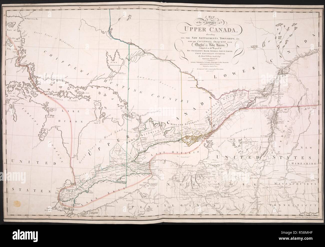 A map of the Province of Upper Canada. A Map of the Province of Upper Canada describing all the new settlements, townships, &c., with the countries adjacent, from Quebec to Lake Huron. London : W. Faden, April 12th, 1800. Source: Maps K.Top.119.13. Language: English. Stock Photo