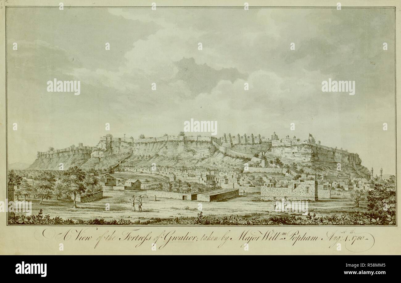 A view of an immense fortress on a flat mountain top, encircled by bastioned walls, with a town sheltering below. Other houses in the trees to the left and a temple with twin tall narrow towers on the far right, seen from the plain with two soldiers walking away from the viewer in the left foreground and three Indians further off to the right. A View of the Fortress of Gwalior. Aug 4th 1780. Pen and black ink with monochrome wash. Source: Maps K.Top.115.54.a. Language: English. Stock Photo