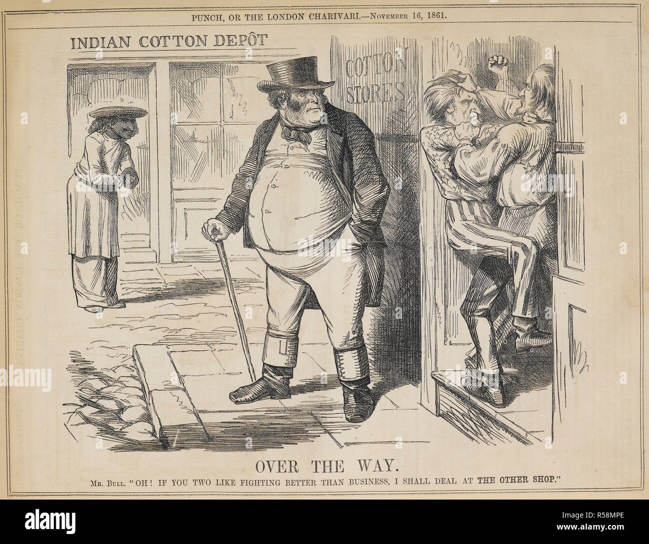 Over The Way In The Doorway Of The American Cotton Stores Presidents Lincoln And Davis Are Fighting And Block The Doorway To Potential Customers Including John Bull Representing Britain Across The Street