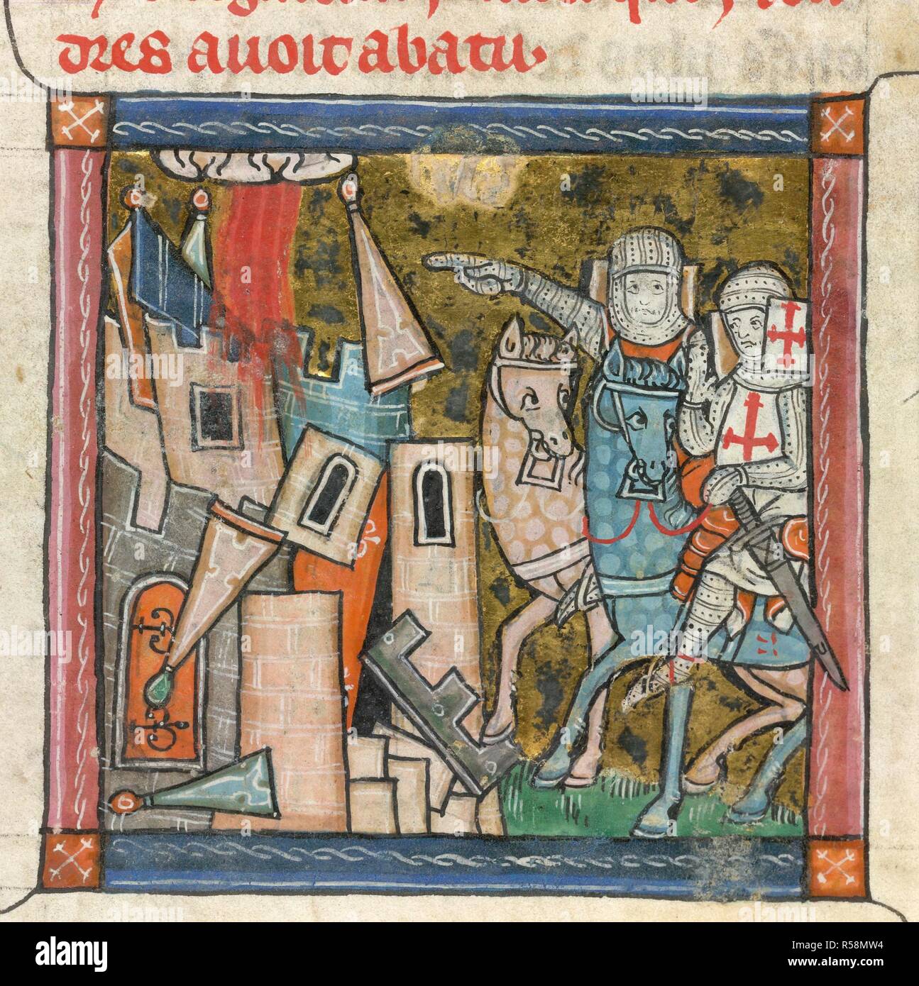 Two knights near a destroyed castle. L'Estoire del Saint Graal. Beginning of the xivth century. Image taken from L'Estoire del Saint Graal. Source: Add. 10294, f.47. Stock Photo