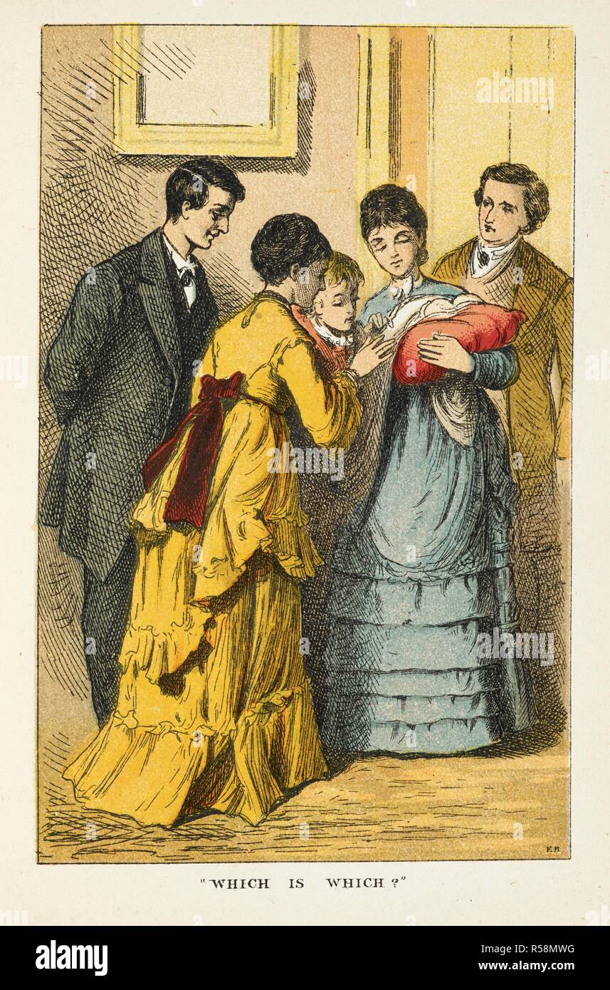 'Which is which?' and Laurie bent like a well-sweep to examine the prodigies. A group of people standing around a woman holding two baby twins. Little Women and Good Wives: being stories for girls. By the author of â€œAn Old Fashioned Girl,â€ etc. [L. M. Alcott. With coloured plates.]. London, 1878. Source: 012706.f.56 plate facing page 62 in 'Good wives'. Language: English. Author: ANON. Alcott, Louisa M. Stock Photo