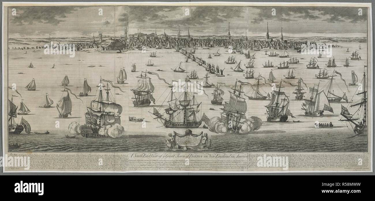 Boston seen from Castle Island, with British ships and boats sailing in the foreground; wharves, a harbour, shipyards, churches, houses of distinguished citizens, meeting houses, churches and chapels along the waterfront in the background. A South East View of ye Great Town of BOSTON in New England in America : To the Hon.ble Sam.l Shute Esq.r Cap.t General & Gov.r in Chief of his Maj.ti's Provinces of the Massachusetts Bay & New Hampshire in New England and Vice Admiral of the same, This Prospect of the Town of BOSTON is humbly dedicated by yo.r Hon.rs most Obed.t Hum. Serv.ts Tho.s Selby Wil Stock Photo