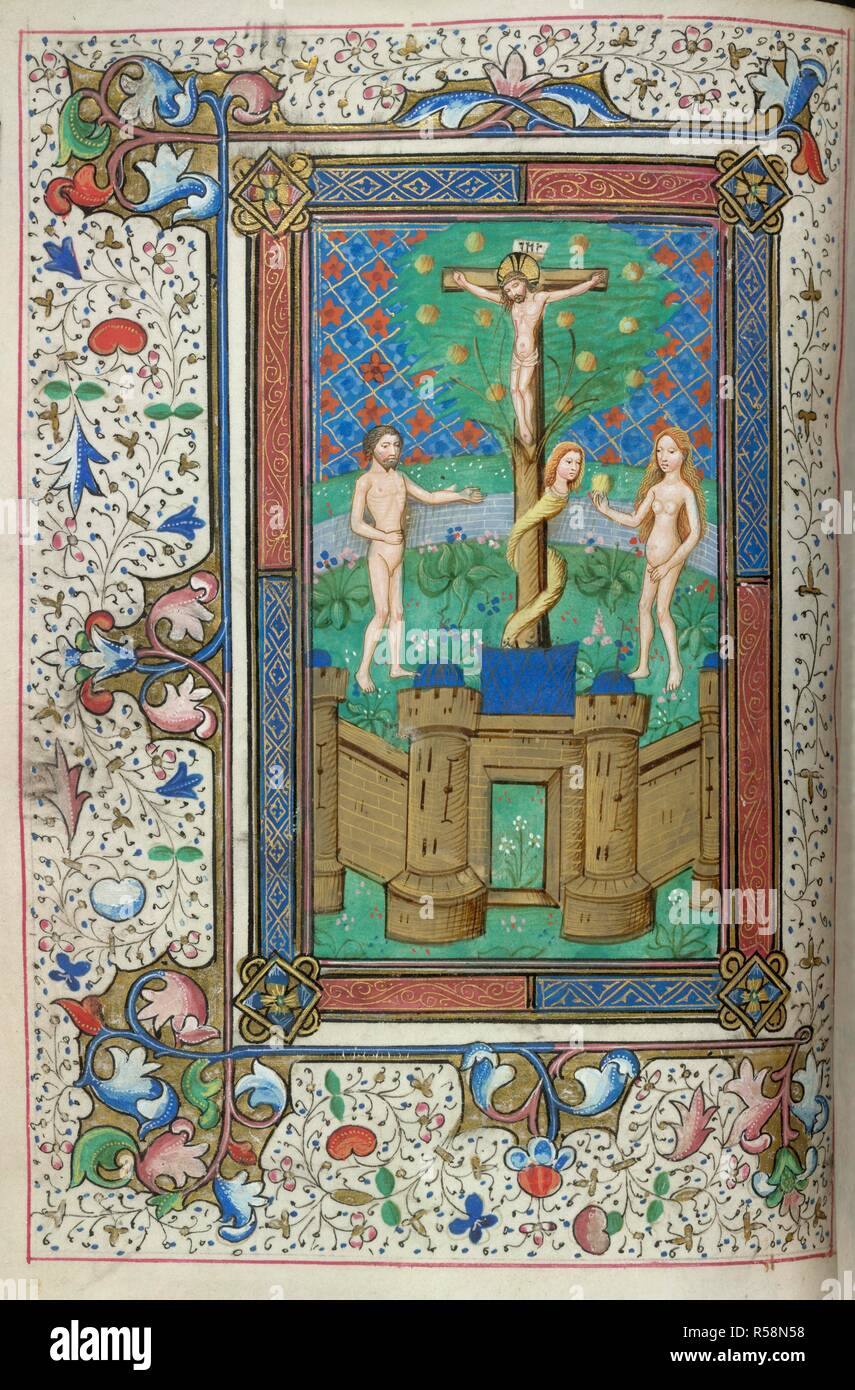 https://c8.alamy.com/comp/R58N58/adam-and-eve-book-of-hours-s-netherlands-circa-1460-1470-miniature-only-adam-and-eve-in-a-walled-garden-standing-either-side-of-the-tree-of-knowledge-the-tree-with-a-crucifix-and-the-serpent-wrapped-round-the-trunk-image-taken-from-book-of-hours-originally-publishedproduced-in-s-netherlands-circa-1460-1470-source-harley-3000-f92v-language-latin-author-mildmay-master-R58N58.jpg