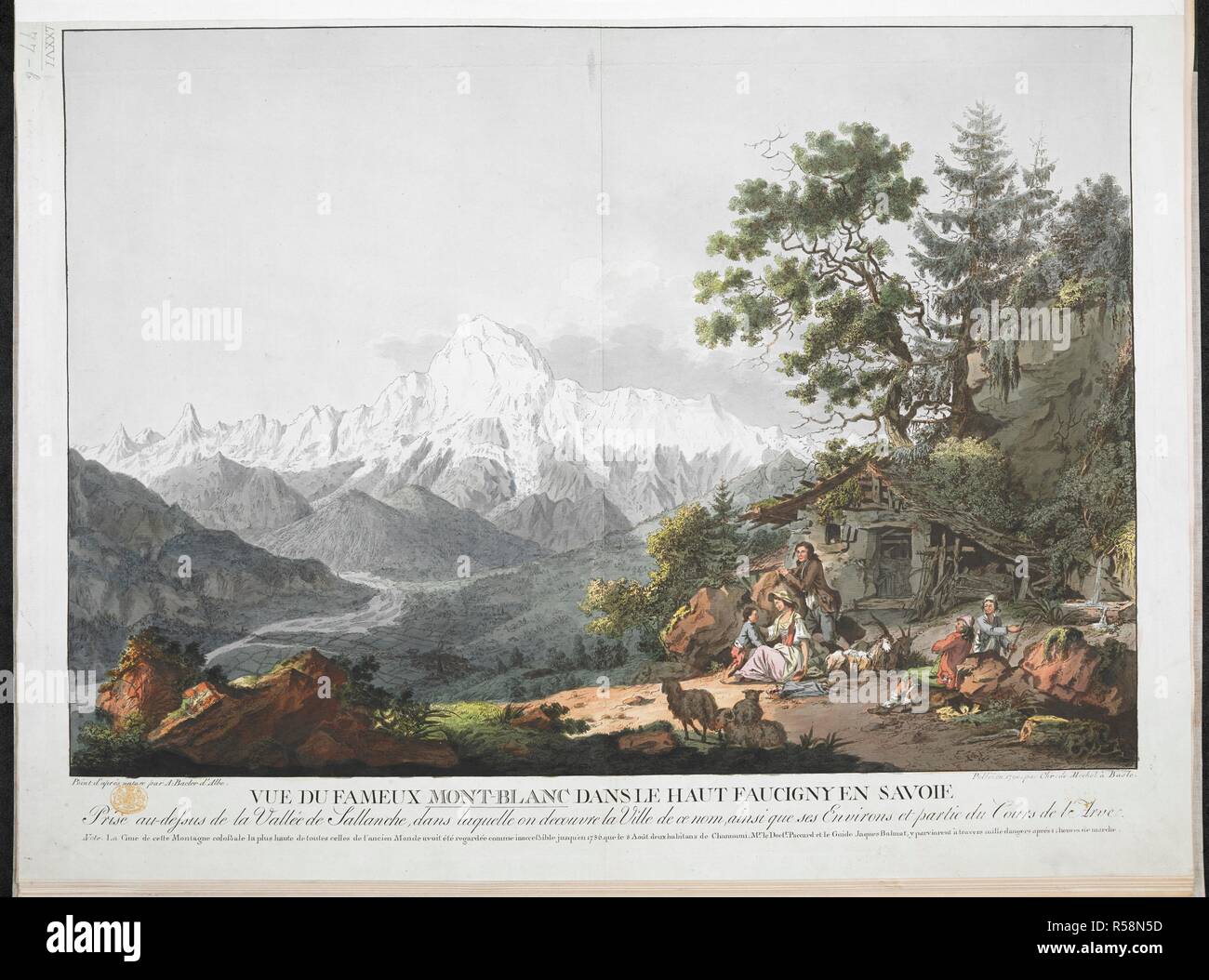 View of Mont Blanc. Two shepherds rest with their flock by a spring, near a family sitting at the door of their wooden hut on a hill in the foreground contemplating the view of the valley below and the mountains in the background. Text referring to the first successful ascent to Mont-Blanc by Michel-Gabriel Paccard and Jacques Balmat in 1786 below.  . VUE DU FAMEUX MONT-BLANC DANS LE HAUT FAUCIGNY EN SAVOIE : Prise au-dessus de la VallÃ©e de Sallanche, dans laquelle on decouvre la Ville de ce nom ainsi que ses Environs et partie du cours de l'Arve. / Peint d'aprÃ¨s nature par A: Bacler d'Albe. Stock Photo