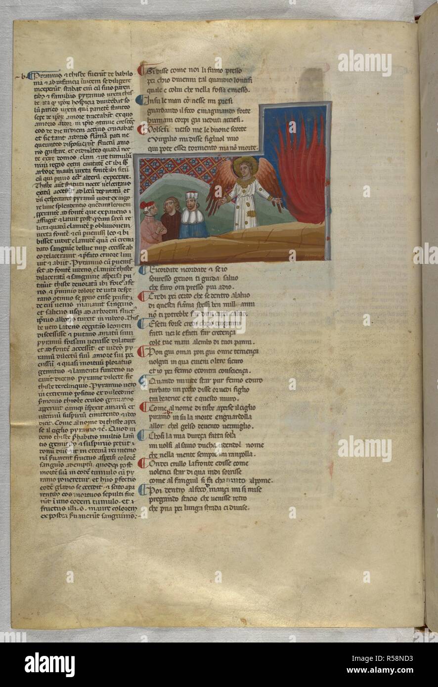 Purgatorio: The Angel of Chastity shows them the fire. Dante Alighieri, Divina Commedia ( The Divine Comedy ), with a commentary in Latin. 1st half of the 14th century. Source: Egerton 943, f.111v. Language: Italian, Latin. Stock Photo