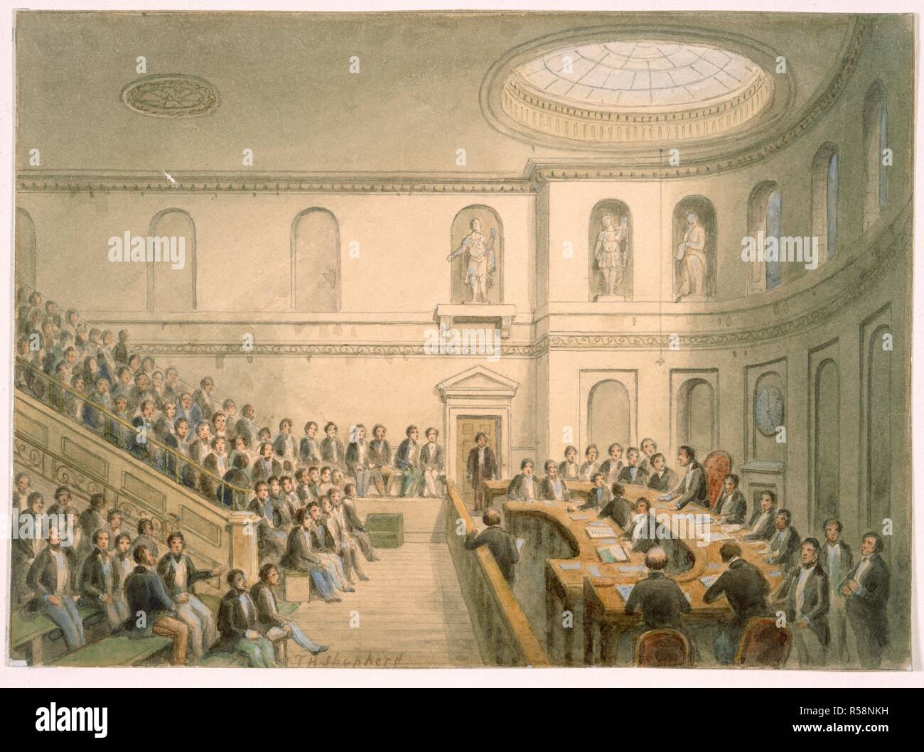 The General Court Room. 1820. The General Court Room, East India House, Leadenhall Street, London. c.1820. Watercolour.  Originally published/produced in 1820. . Source: WD 2466,. Author: SHEPHERD, THOMAS HOSMER. Stock Photo
