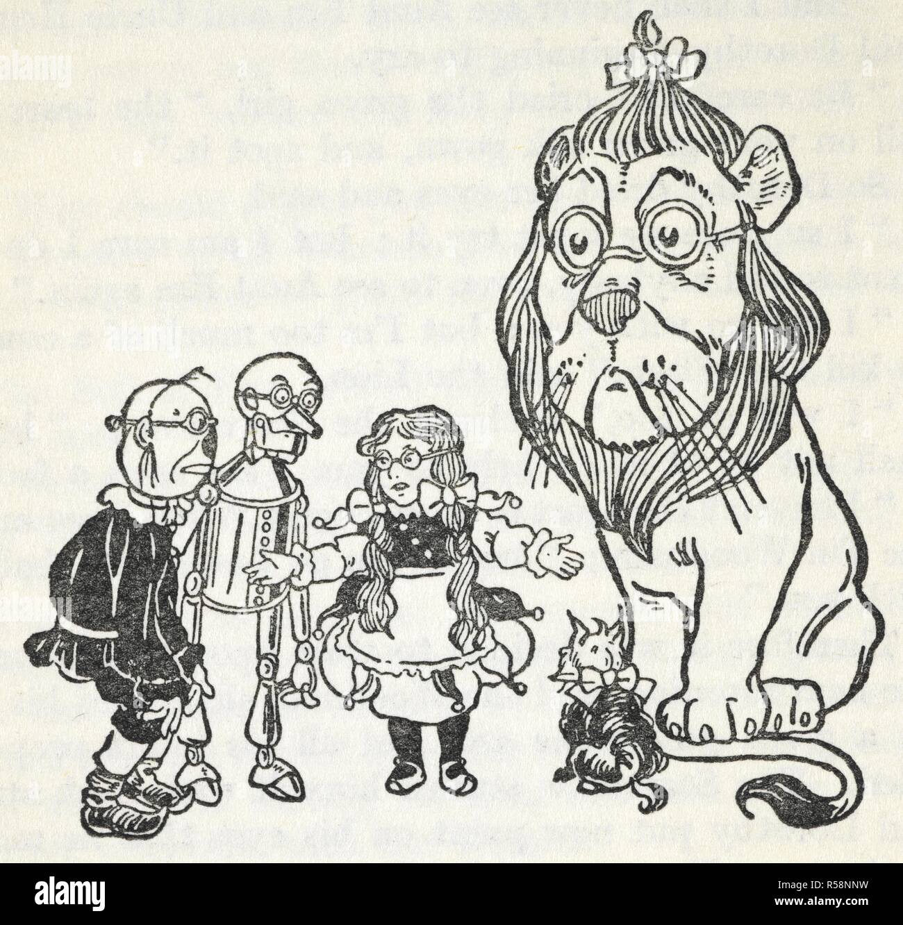Dorothy, her dog, Toto, with the scarecrow, the tinman (tin woodman) and  the cowardly lion, all characters in the story, 'the wizard of Oz'. . The  Wizard of Oz, etc. London :