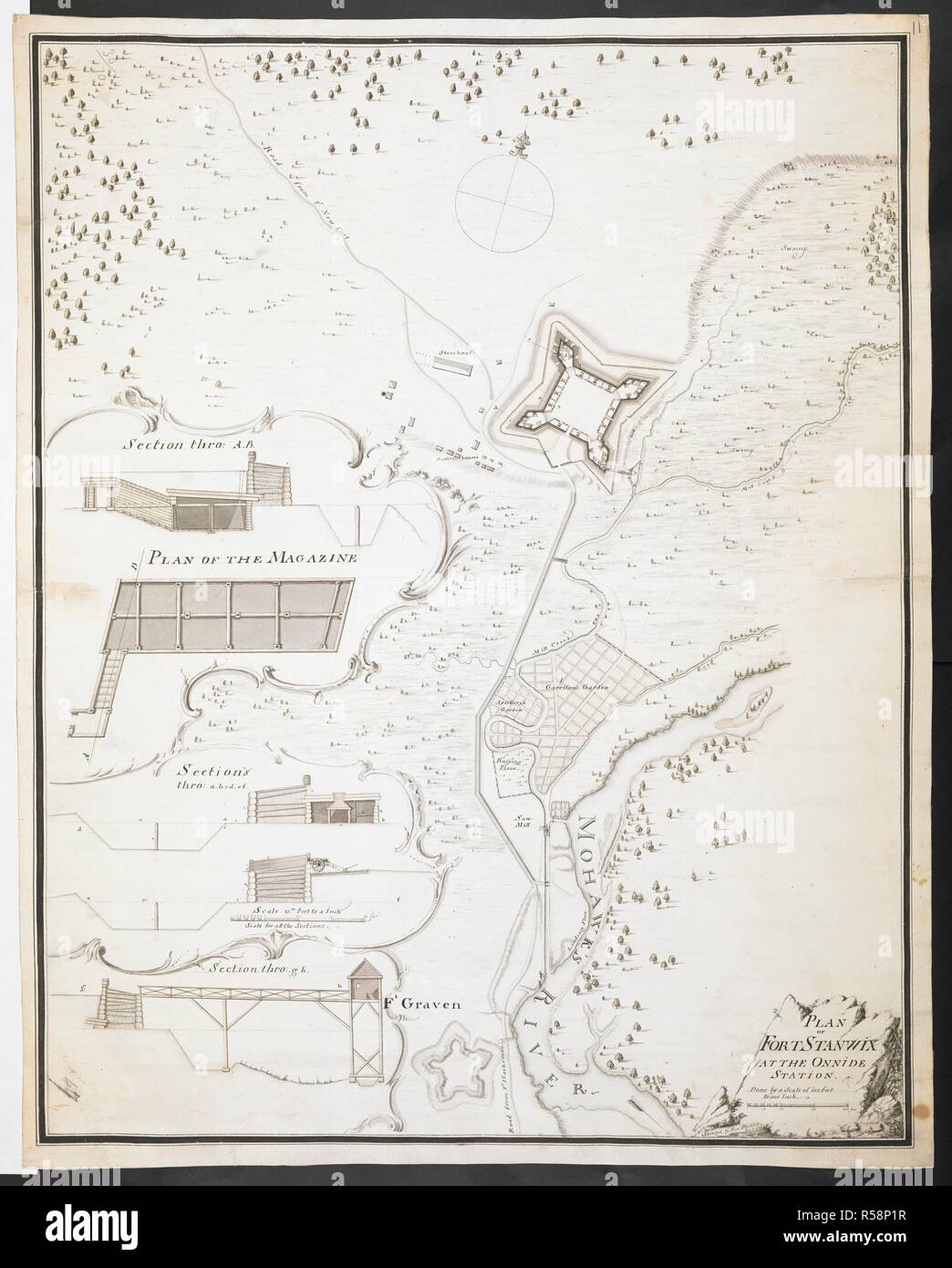 Plan of Fort Stanwix at the Onnida station', surveyed by 'Fran. Pfister Ens. 1760.'   . R.U.S.I. MAPS. Vol. LXXVI (1-13). 57711 (1-4). Places in states North-East of New York. 18th century. 1764. 1:1800. 'Scale of 150 feet to one inch'. Scale bar of 300 feet (= 2 inches). Inset, sections of the fort. 1:180. 'Scale for all the sections 15 feet to an inch'. Scale bar of 40 feet (= 2 inches). 560 x 445mm. Source: Add. 57711.11 Amherst no. A 47. R.U.S.I. no. A 30.70. Stock Photo