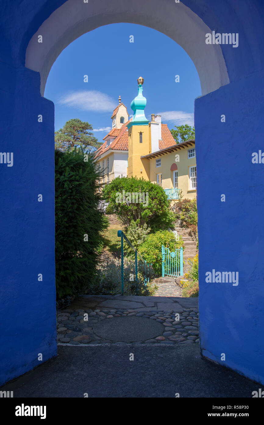 Italian style building and archway at Portmeirion, Wales Stock Photo