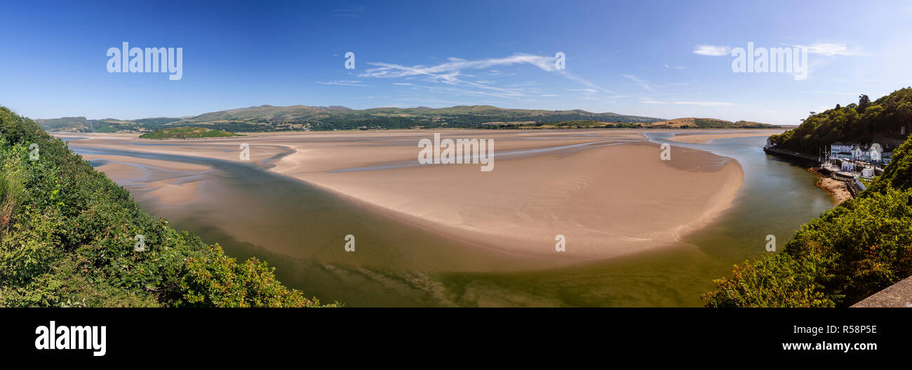 The italianate village of Portmeirion on the estuary of the Afon Dwyryd river on North Wales coast Stock Photo