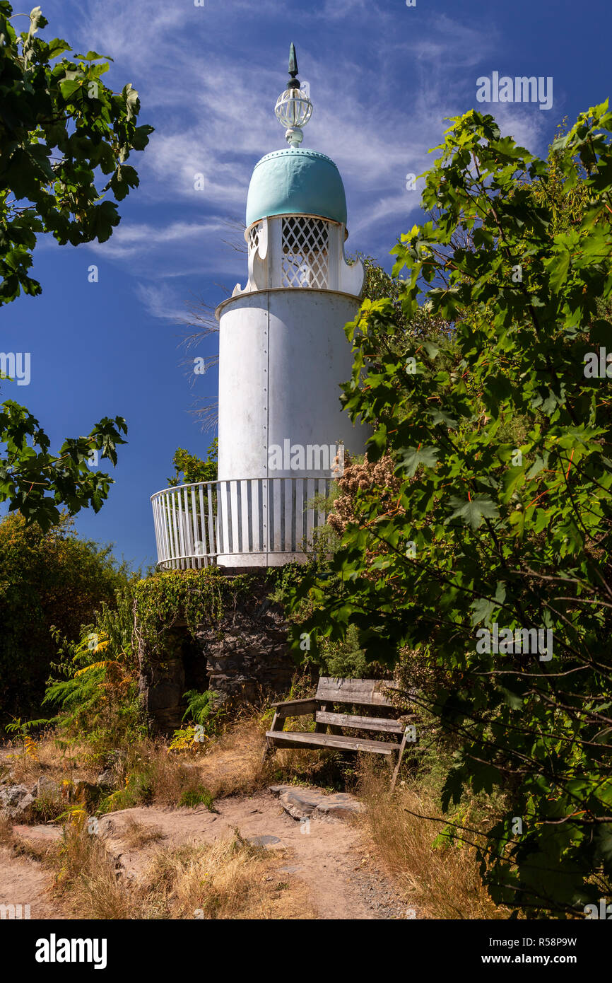 Ornate lighthouse at the italianate village of Portmeirion on the North Wales coast Stock Photo