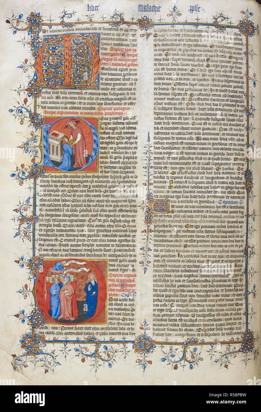 Opening of the Book of Malachi: decorated initial 'M'; initials 'D' and 'O' with miniatures. Great Bible (St. Jerome version). England (London?), 1405-1415. Source: Royal 1 E. IX, f.239v. Language: Latin. Stock Photo