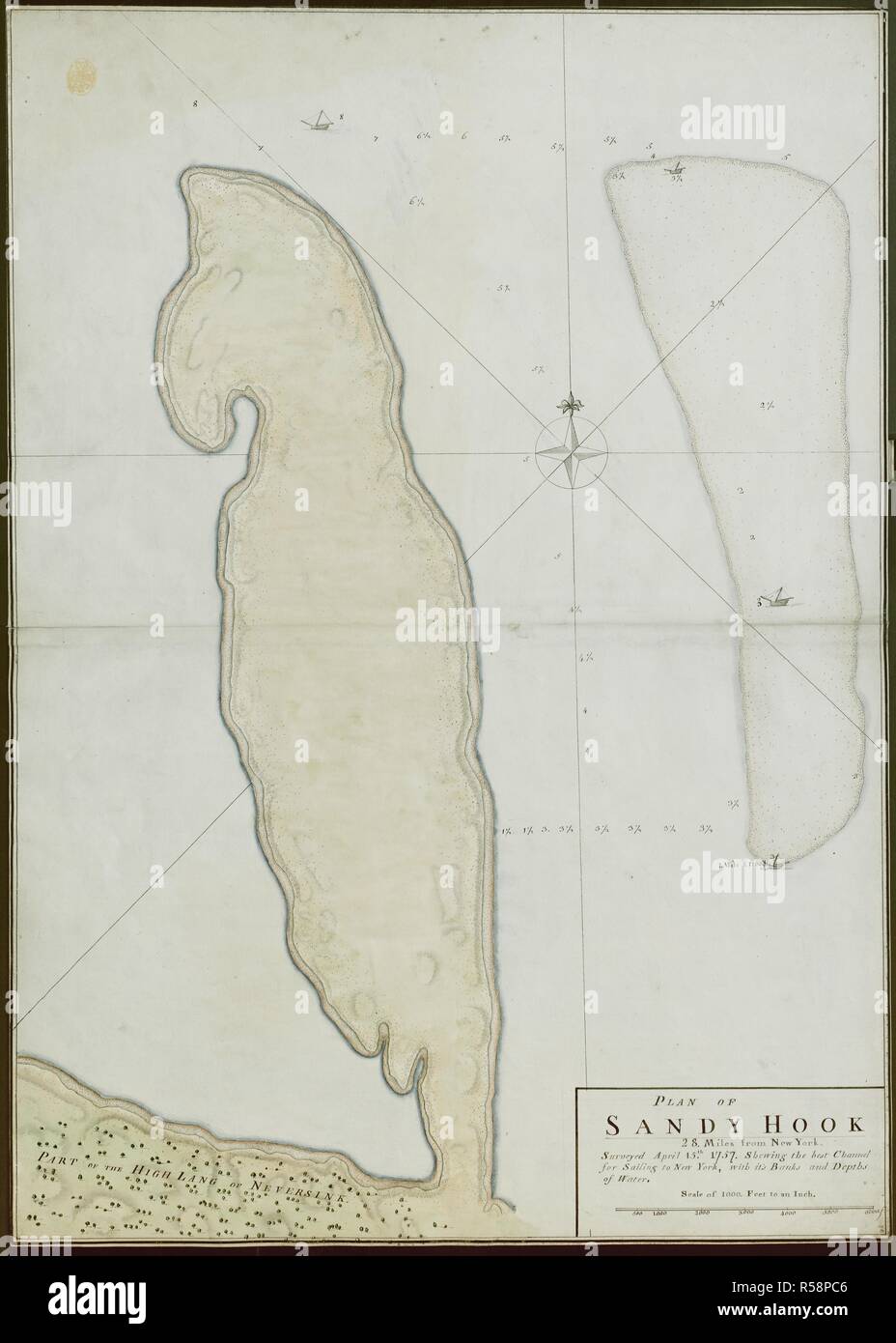 A plan of Sandy Hook, 28 miles from New York, surveyed April 15th, 1757: showing the best channel for sailing to New York, with its banks and depths of water. PLAN OF SANDY HOOK 28. Miles from New York. [New York?] : [producer not identified], 1757. Source: Maps K.Top.122.28. Language: English. Stock Photo