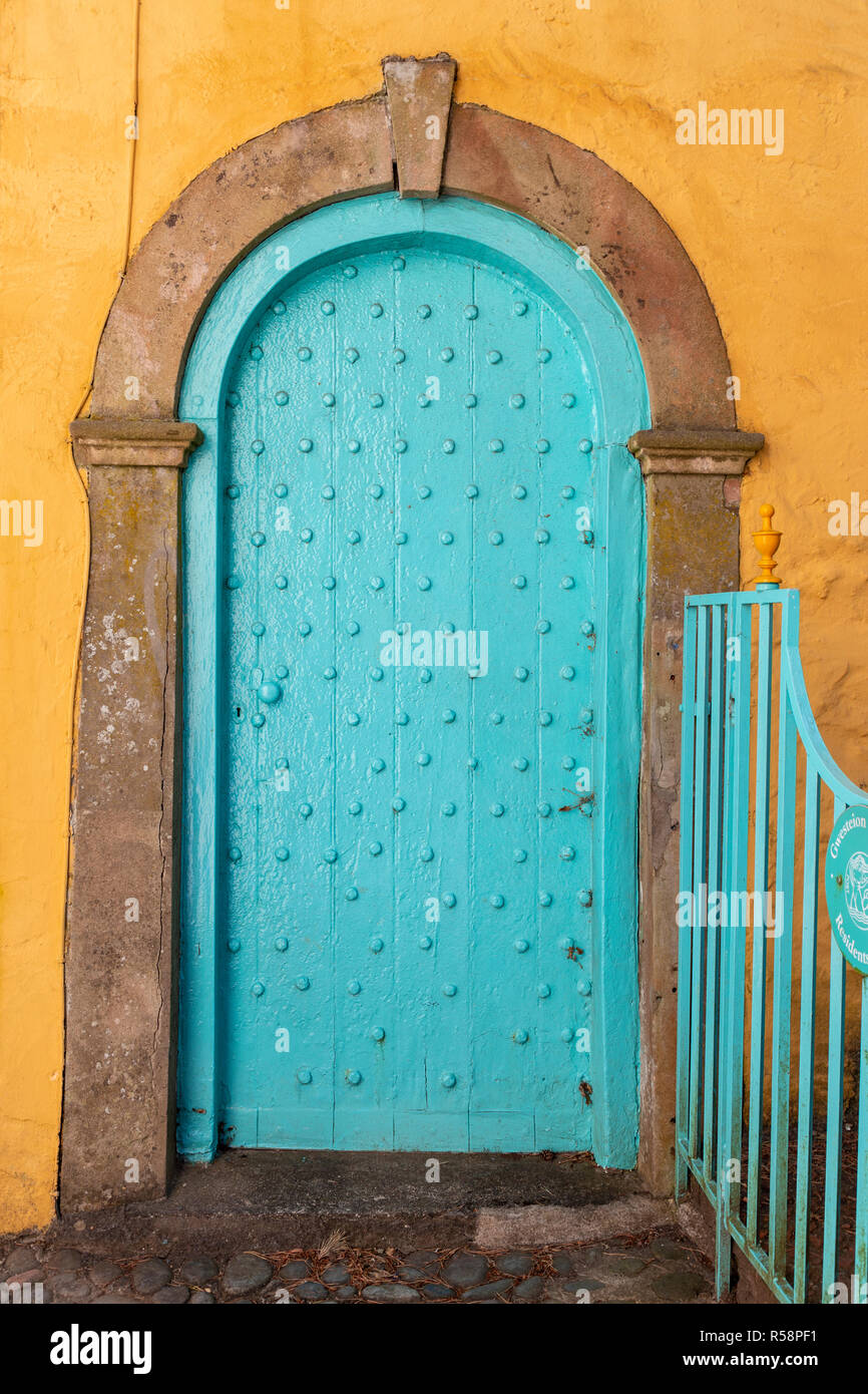 Ornate blue door at the italianate village of Portmeirion, North Wales Stock Photo