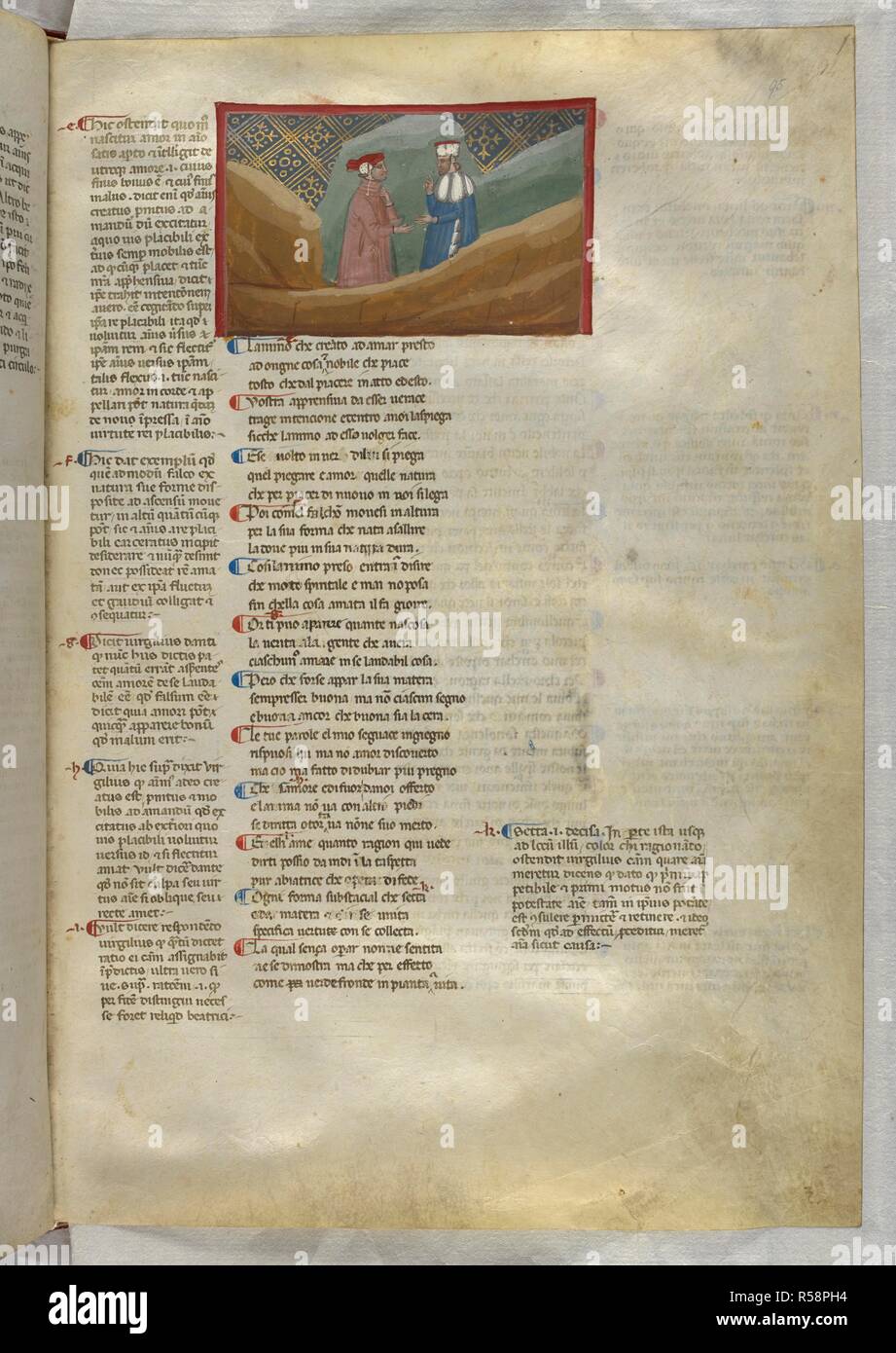 Purgatorio: Dante and Virgil talking about the nature of love. Dante Alighieri, Divina Commedia ( The Divine Comedy ), with a commentary in Latin. 1st half of the 14th century. Source: Egerton 943, f.95. Language: Italian, Latin. Stock Photo
