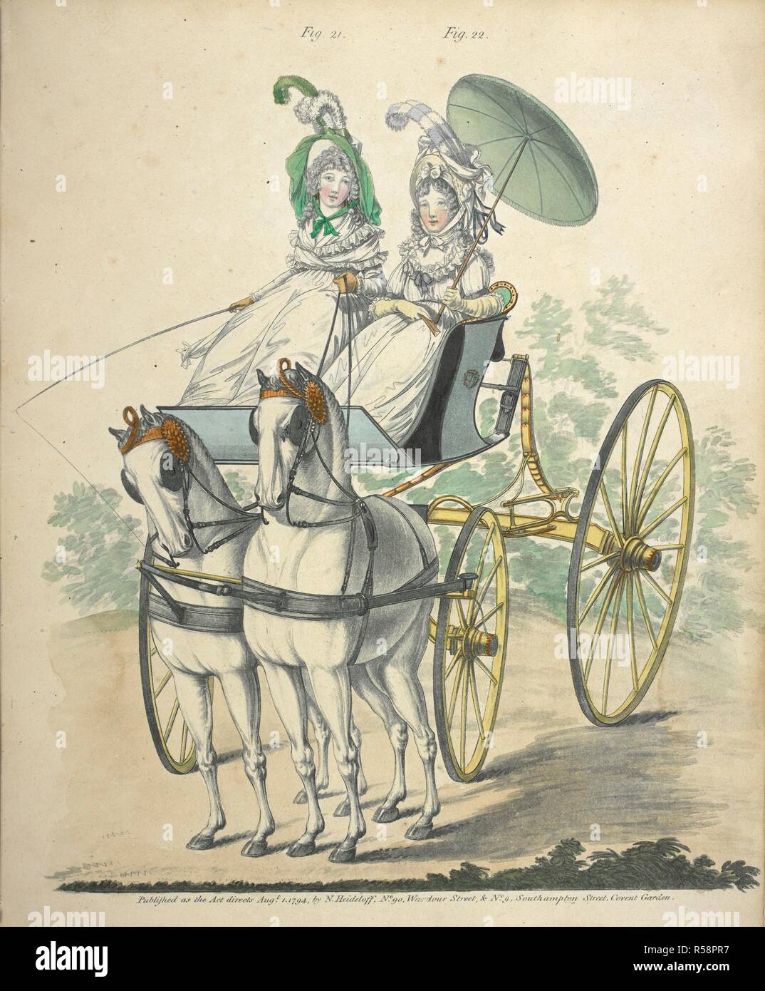 Morning dresses. 'Two Ladies, en neglige, taking an airing in a phaeton.'  They wear plain calico morning dresses and ribbon and feather-trimmed bonnets with ostrich feathers.  Description of the left figure reads: 'Headdress: white stamp- paper hat, trimmed with a green riband and tied down with the same. One green and one yellow feather placed on the left side. Green gauze veil. The hair in small curls; plain chignon. Plain calico morning dress with long sleeves; the petticoat trimmed with a narrow flounce. Plain lawn handkerchief, green sash, lawn cloak trimmed with lace and tied behind, yo Stock Photo