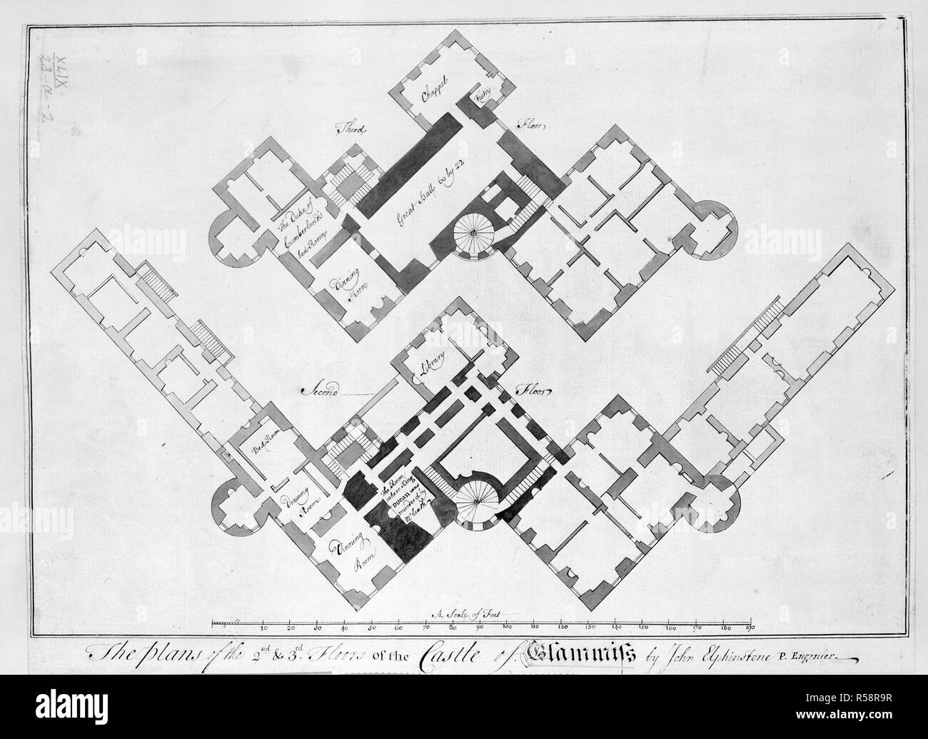 Glamis Castle. A plan, in Indian ink, of the second and third flo. ca. 1746. A plan, in Indian ink, of the second and third floors of the castle of Glammis; Ms. 1 f. x 8 1/2 in. 30 x 22 cm.  Image taken from A plan, in Indian ink, of the second and third floors of the castle of Glammis; drawn for the Duke of Cumberland, by John Elphinstone, P. Engineer, on a scale of 28 feet to an inch. .  Originally published/produced in ca. 1746. . Source: Maps.K.Top.49.23.a.2,. Language: English. Stock Photo