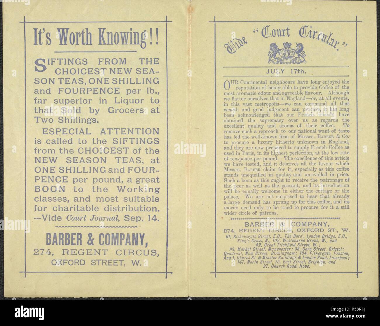 An Advertisement For Barber Company French Coffee A Luxury Unknown In England French Coffee As Used In Paris Ten Pence Per Pound A Roasted On The French Principle And