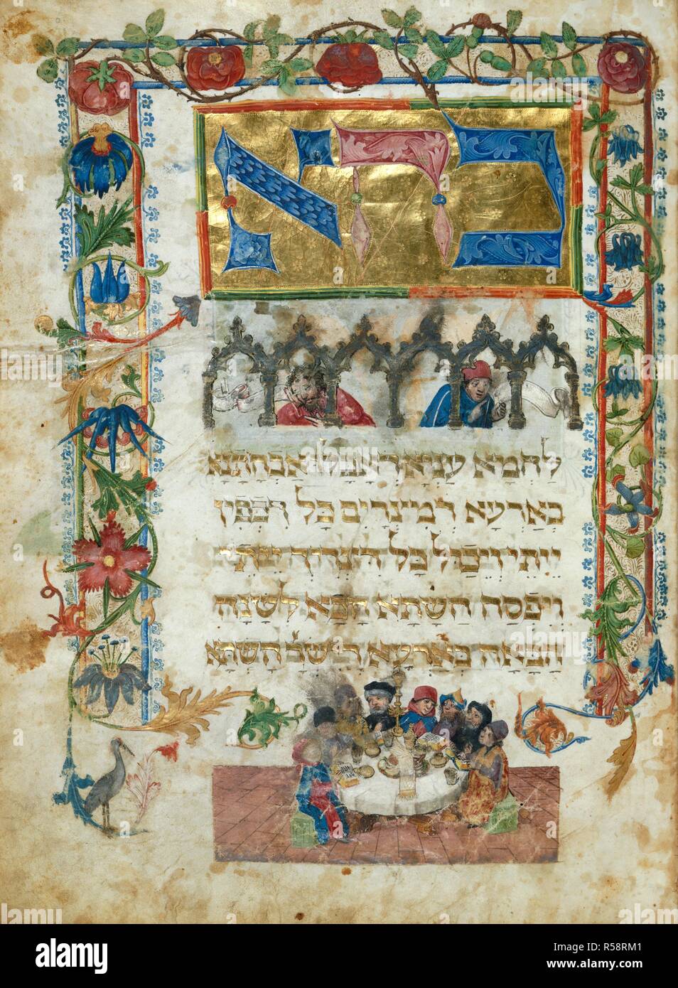 The Seder. The Ashkenazi Haggadah (Feibusch Haggadah). South Germany, c.1460-1475. The Seder ( Passover meal ) in progress. Vellum manuscript.  Image taken from The Ashkenazi Haggadah (Feibusch Haggadah).  Originally published/produced in South Germany, c.1460-1475. . Source: Add. 14762, f.6. Language: Hebrew. Author: Feibusch, Joel ben Simeon. Stock Photo