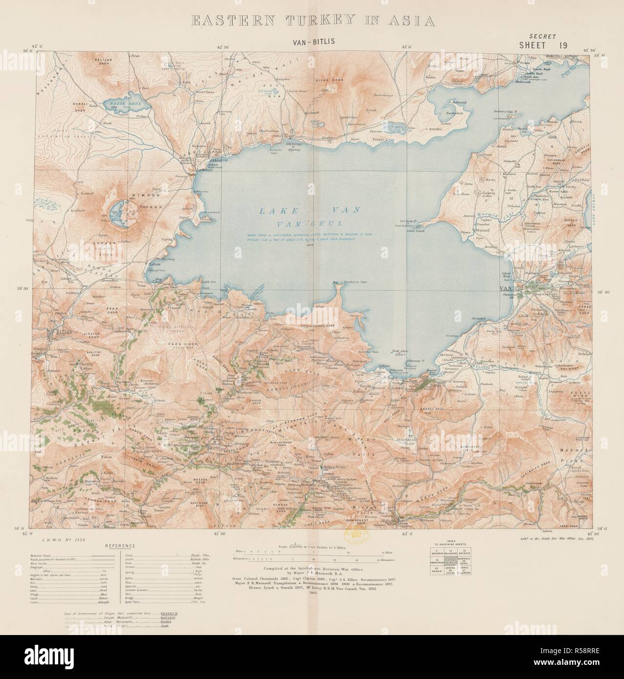 Eastern Turkey in Asia. Eastern Turkey in Asia. Scale, 1 : 250,000, or 1.0. London : Geographical Section, General Staff, 1901. Eastern Turkey in Asia. Image taken from Eastern Turkey in Asia. Scale, 1 : 250,000, or 1.014 inches to 4 miles. Compiled at the Intelligence Division, War Office, by Major F.R. Maunsell, etc... Source: Maps.152.d.2, sheet 19. Language: English. Stock Photo